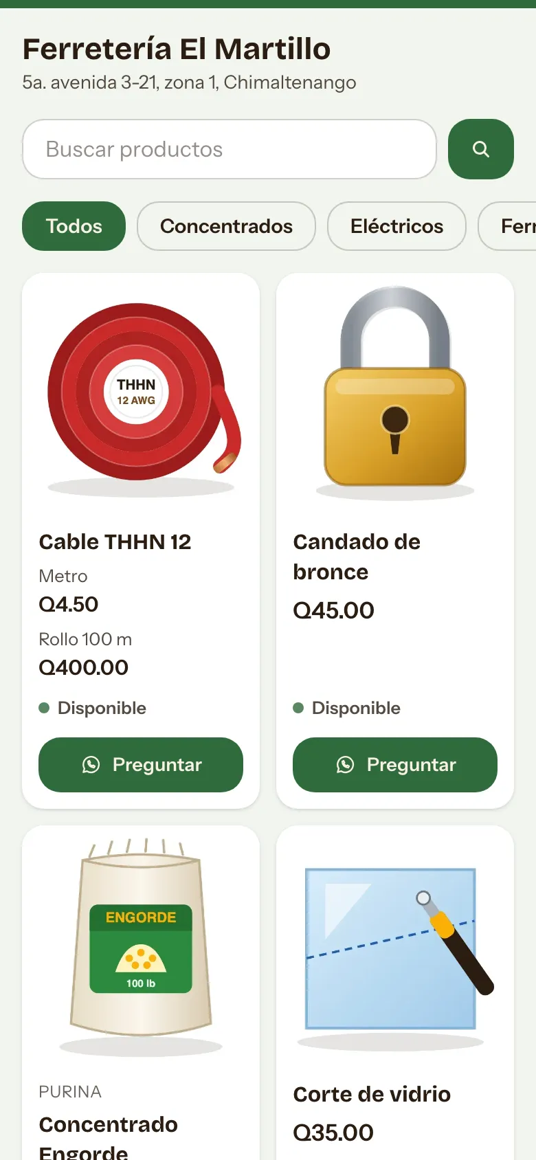 Catálogo en línea de una ferretería en el celular: buscador, categorías y productos con su foto, precio, disponibilidad y el botón Preguntar.