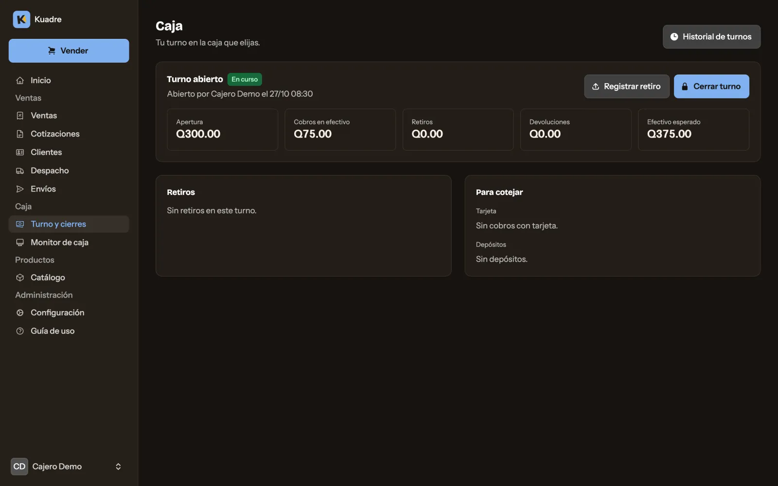 Turno abierto de la caja: apertura de Q300.00, cobros en efectivo de Q75.00 y efectivo esperado de Q375.00, con los botones Registrar retiro y Cerrar turno.