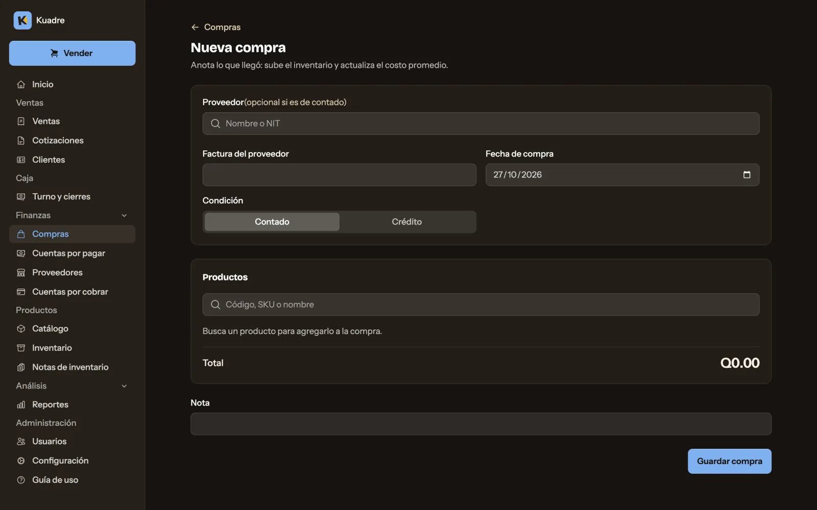 Nueva compra: proveedor, factura del proveedor, fecha, condición de contado o crédito y los productos que llegaron.