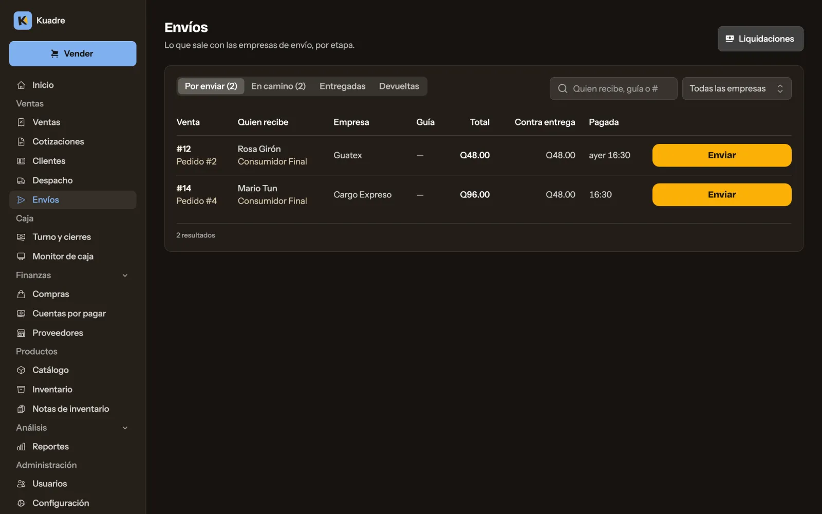 Envíos por enviar con la empresa de envío, el total, el monto contra entrega y el botón Enviar.
