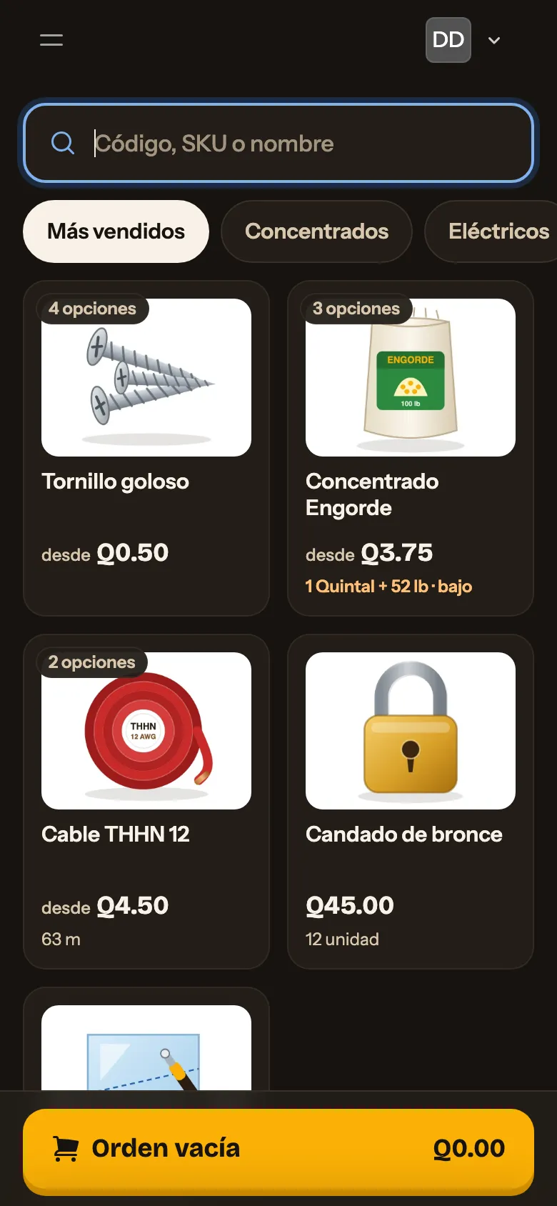 El punto de venta en el celular: buscador para escanear códigos y los productos más vendidos con su precio.