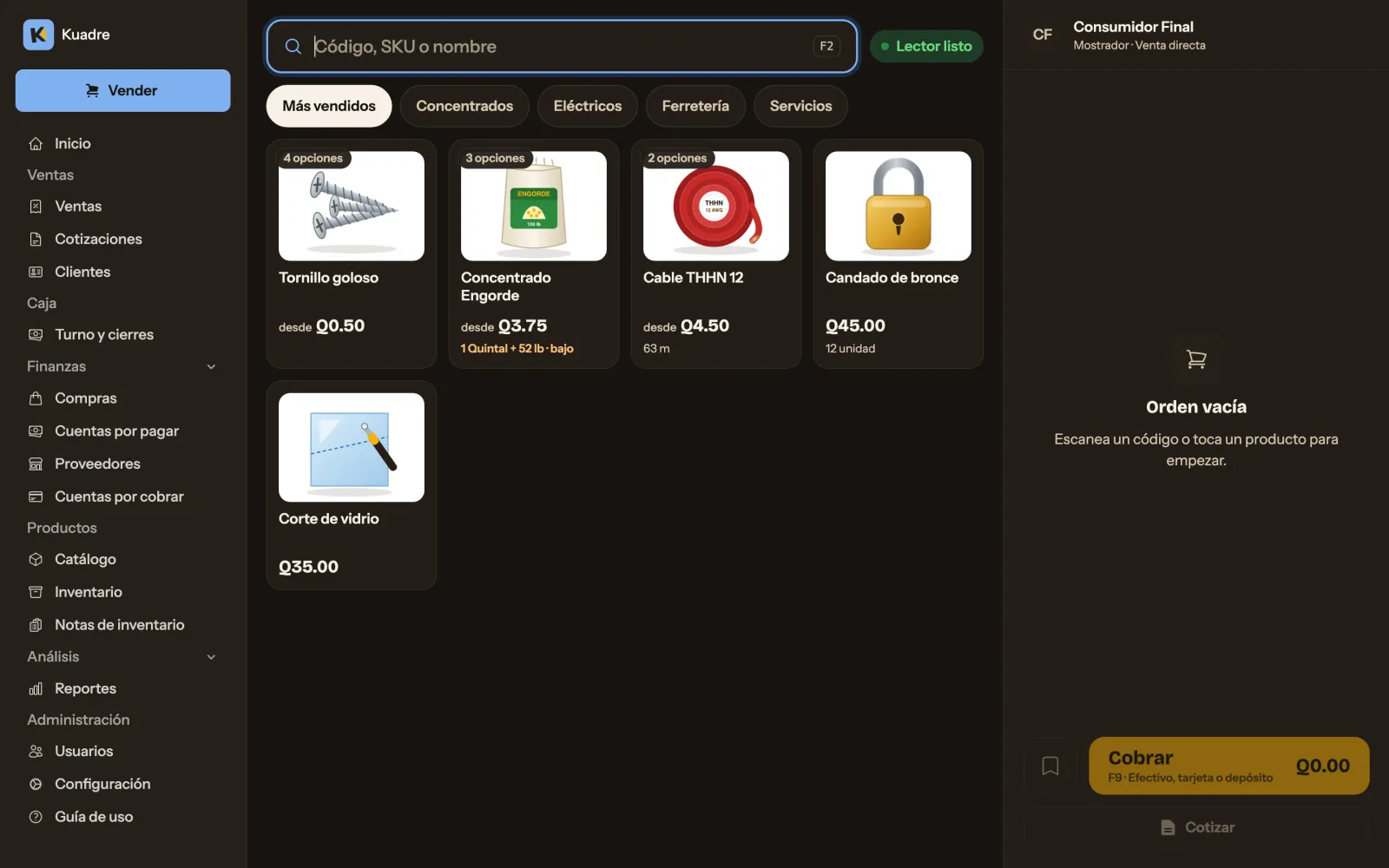 Pantalla de venta: buscador para escanear códigos, los productos más vendidos con su precio por presentación y el botón Cobrar.